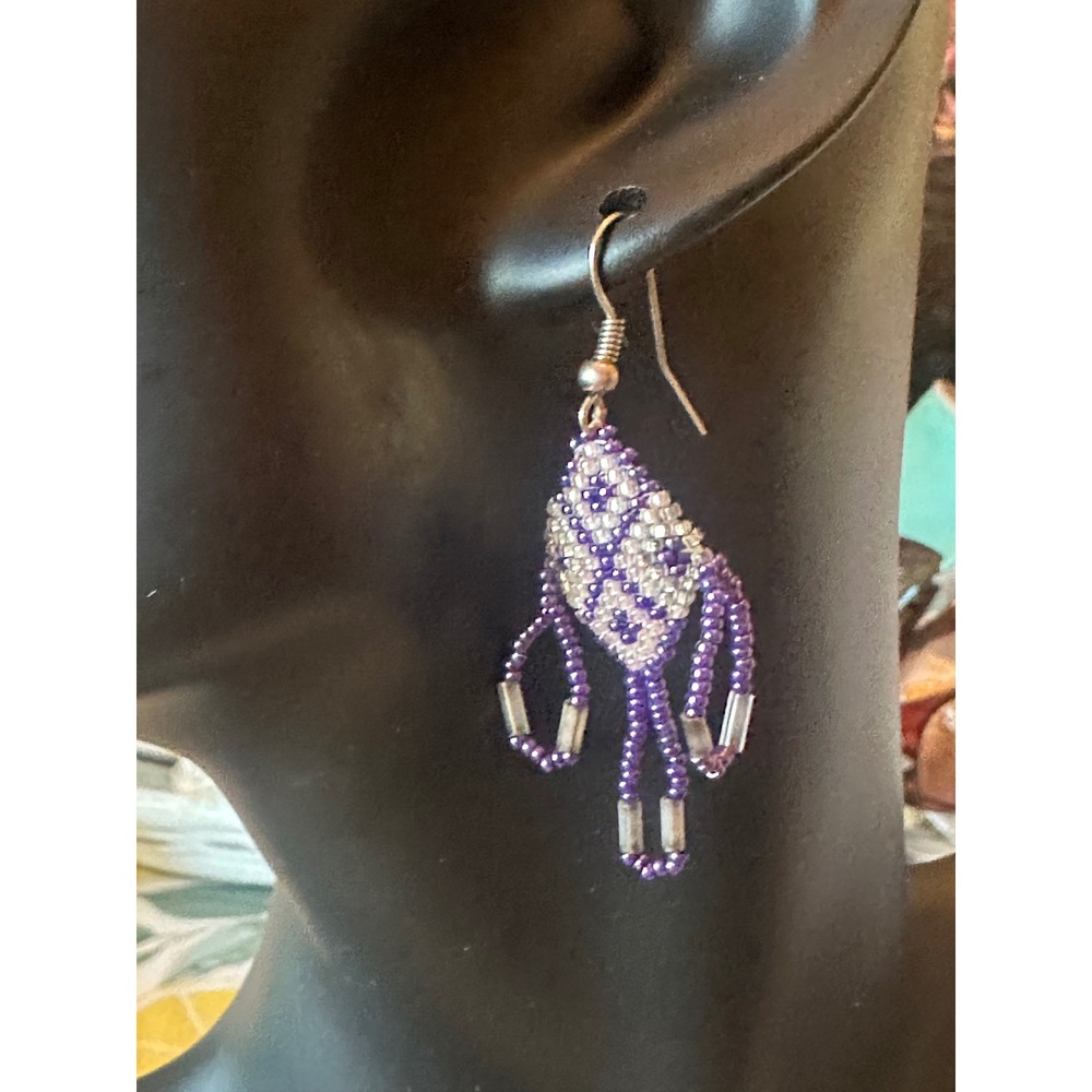 Handmade Purple White Seed Bead Geometric Fringe Dangle Earrings Silver Tone